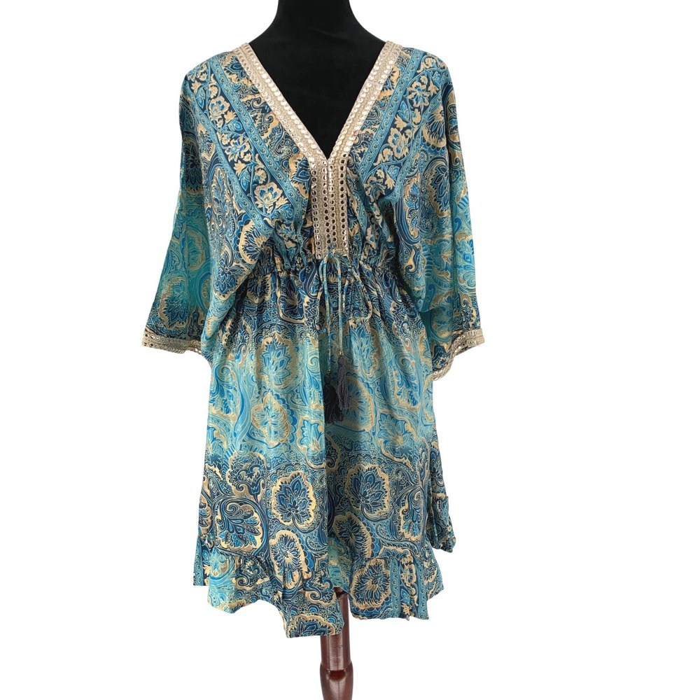 Nazila Couture Silk Blend Paisley Mini Dress Blue Gold Ethnic Metallic Med NWT